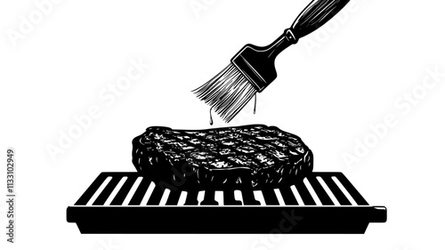 Ribeye steak being basted on a barbecue grill with a brush, Food Illustration