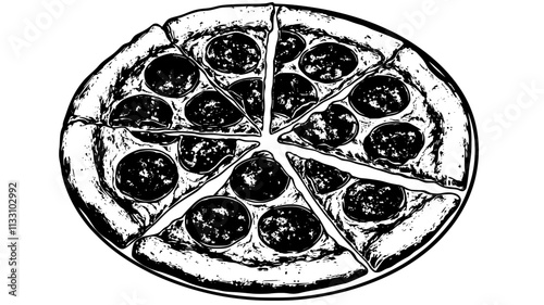 Whole pepperoni pizza sliced into eight portions on a flat surface, Food Illustration