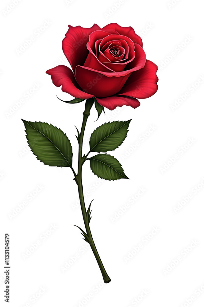 Naklejka premium A red rose with green leaves isolated on white background