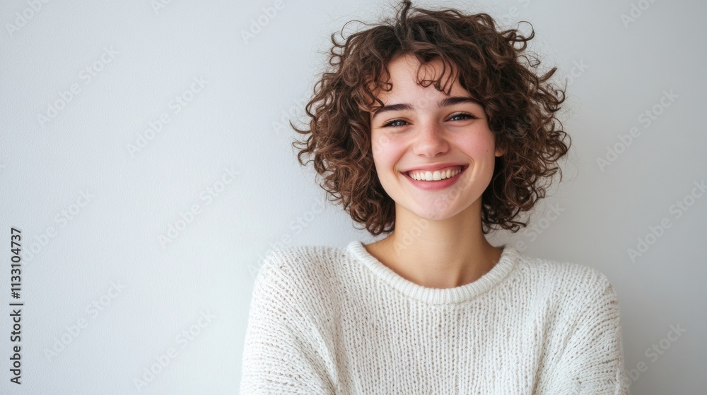 beautiful woman with white curly hair on white background