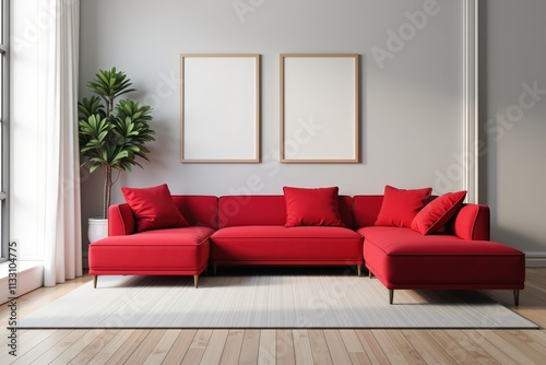 Modern Living Room with Bold Red Sectional Sofa, Perfect for Cozy Relaxation and Stylish Decor photo