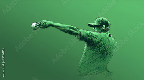 A simple line drawing of a baseball pitcher throwing the ball, with a smooth motion line showing the arm swing. Minimalist baseball pitcher illustration. photo