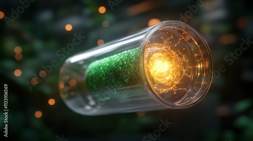 A creative and abstract depiction of green and orange glowing technology, emphasizing an innovative energy source floating in a futuristic setting. photo