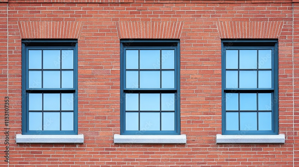 Fototapeta premium Three symmetrical windows on a brick wall, showcasing architectural design and aesthetics.