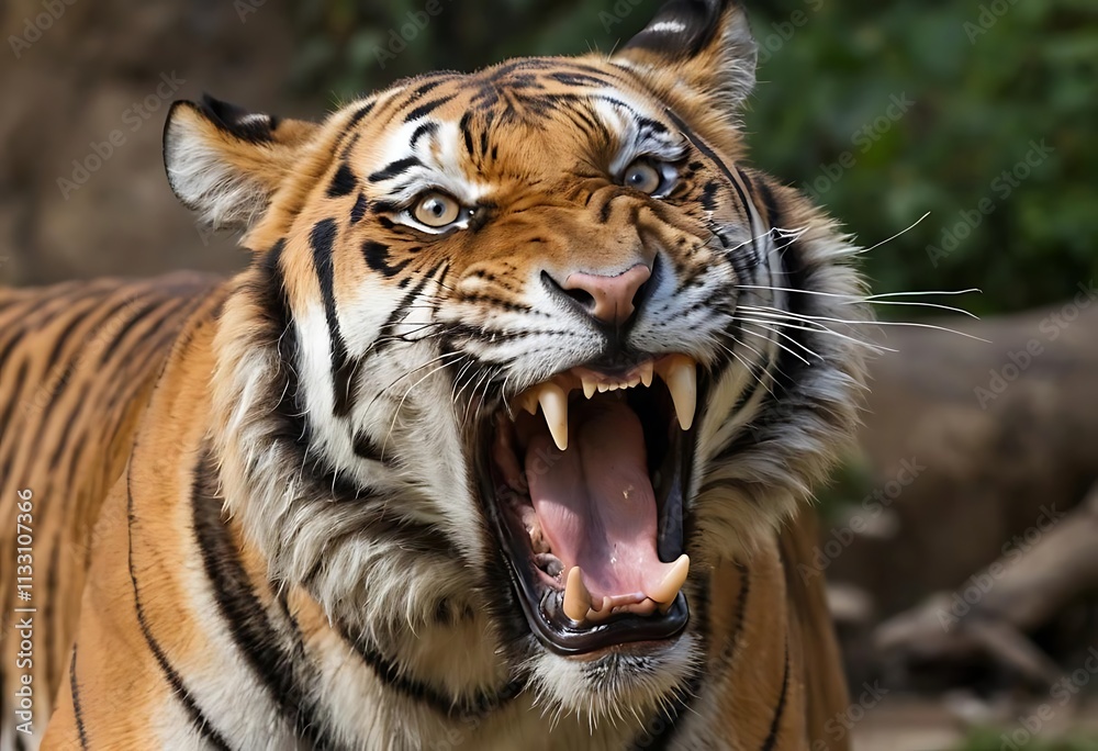 Obraz premium tiger with its mouth wide open, showing teeth. It's orange and black striped.