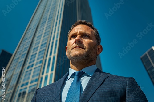 A portrait of a successful businessman confidently standing in front of a skyscraper. His posture exudes power and professionalism, with a clear blue sky enhancing his commanding presence 