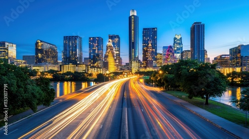 A vibrant city skyline at dusk, featuring illuminated skyscrapers and light trails from passing vehicles, showcasing urban life and modern architecture.