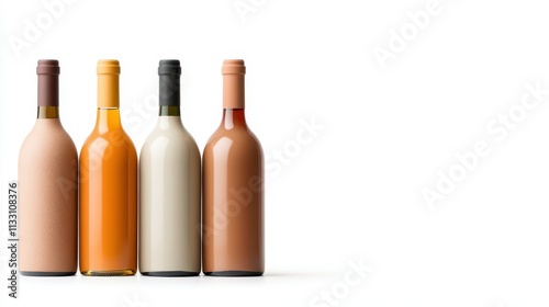 A set of four elegant and colorful bottles stands vertically against a clean, white background, creating a visually appealing and minimalist composition. photo