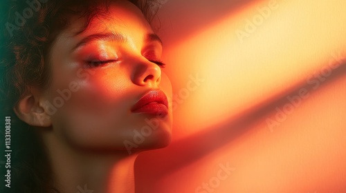 A woman with closed eyes is bathed in striking golden and orange light, her serene expression captured in profile, evoking tranquility and warmth. photo