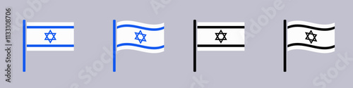 Illustrations of four israeli flags with different colors and designs featuring the star of david.