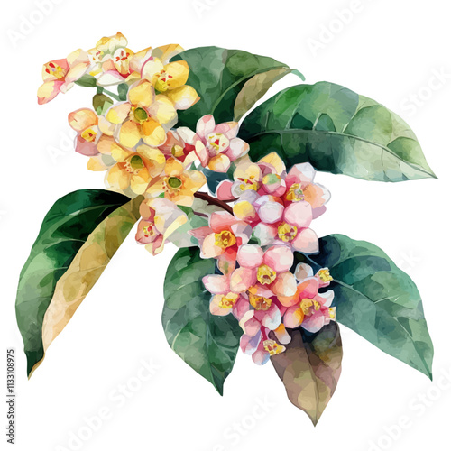 A watercolor painting of hoya flowers and leaves, isolated on a white background. Hoya vector.