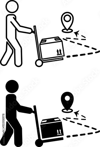 Last Mile Delivery Icons. Black and White Vector Illustration. Courier Carrying Cargo Box to Destination. Delivery Service. Logistics Concept
