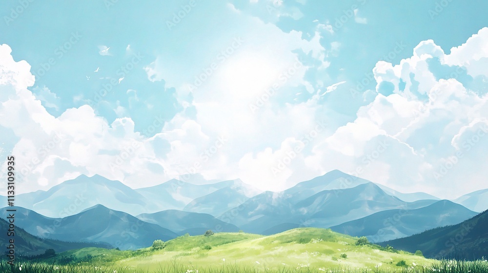 Fototapeta premium Tranquil Mountain Meadow: A serene landscape unfolds with lush green meadows, majestic mountains, and a vibrant blue sky dotted with fluffy clouds. The sun bathes the scene in a warm glow.