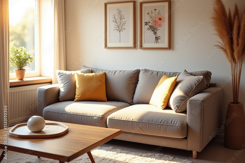 Fototapeta premium Cozy Living Room Decor: Modern Sofa with Yellow Pillows, Botanical Art, and Natural Light for Relaxing Spaces
