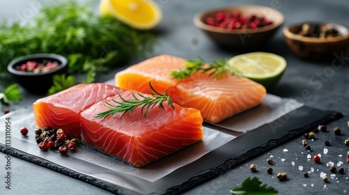 Three pristine pink salmon fillets, garnished with rosemary and seasoned with spices, resting on a slate surface, offering an appetizing visual of gourmet cuisine. photo