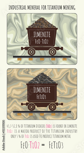 Set of vector illustrations of ILMENITE in wheelbarrows. Titanium ore. Strategic minerals