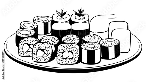 Assorted sushi rolls on a wooden board with visible fillings and toppings, Culinary Vector Graphic