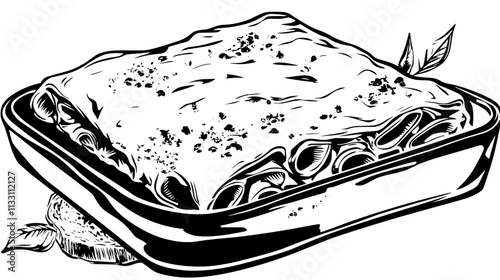 Baked portion of lasagna with pasta, cheese, and sauce, arranged on a plate with bread, Culinary Vector Graphic