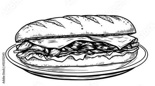 Italian sub sandwich filled with assorted meats, cheese, and vegetables on a plate, Culinary Vector Graphic