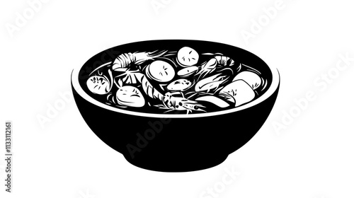 Bowl of chowder soup featuring seafood, potatoes, and vegetables, Culinary Vector Graphic
