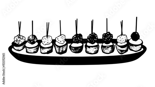 Bite-sized appetizers positioned evenly on long serving platter for presentation, Culinary Vector Graphic