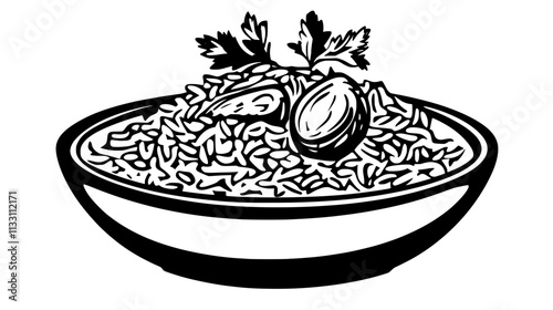 Biryani arranged in a dish with raita and a garnish of herbs, Culinary Vector Graphic