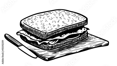 Classic deli sandwich sliced open on a wooden surface beside a butter knife, Culinary Vector Graphic