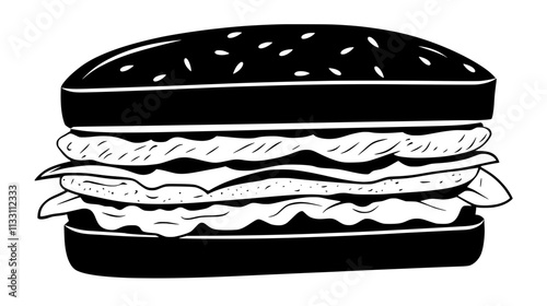 Close-up of a chicken burger with visible layers, resting on a simple background, Culinary Vector Graphic