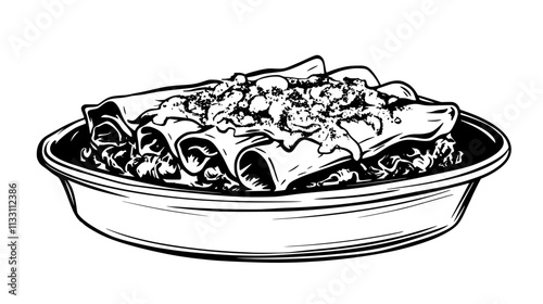 Close-up of serving enchiladas from the dish, revealing filling, Culinary Vector Graphic