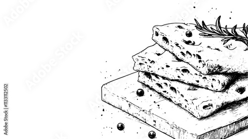 Close-up of focaccia slices stacked on cutting board with crumbs, Culinary Vector Graphic