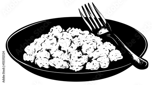 Close-up of scrambled eggs on a plate with visible texture, fork placed nearby, Culinary Vector Graphic