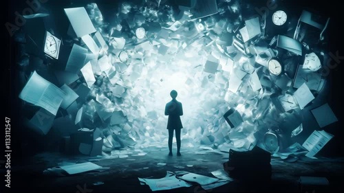 A figure stands amidst a swirling vortex of paper and clocks, symbolizing stress and deadlines. Perfect for business, time management, and anxiety projects.. AI Generation