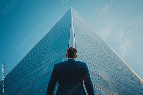 A portrait of a successful businessman confidently standing in front of a skyscraper. His posture exudes power and professionalism, with a clear blue sky enhancing his commanding presence 