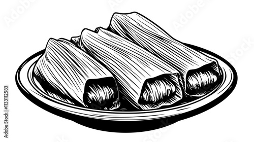 Close-up of tamales with visible corn husks and a peek of filling inside, on a simple plate, Culinary Vector Graphic