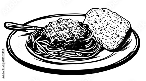 Dish of spaghetti topped with tomato sauce and grated cheese, served with garlic bread, Culinary Vector Graphic