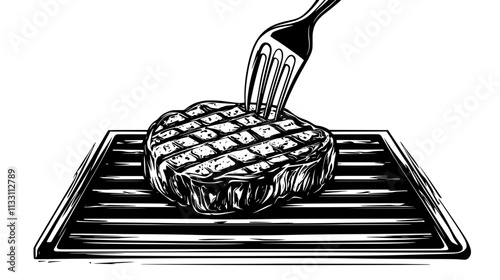 Filet mignon being flipped on a grill with visible grill marks, Culinary Vector Graphic