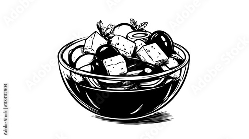 Greek salad in a glass bowl with cucumbers, tomatoes, red onions, olives, and feta cheese, Culinary Vector Graphic