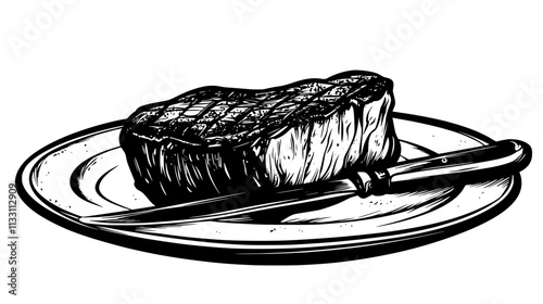 Grilled filet mignon arranged on a platter with a knife for slicing, Culinary Vector Graphic