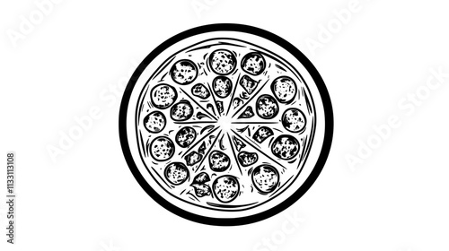 Meat lovers pizza with meats evenly distributed across the entire pizza surface, Culinary Vector Graphic