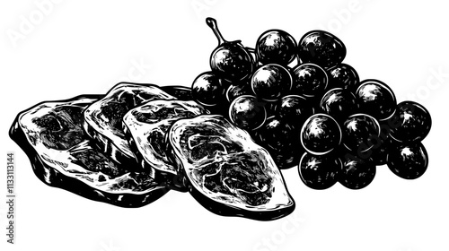 Multiple slices of prosciutto lying flat beside a bunch of grapes, Culinary Vector Graphic