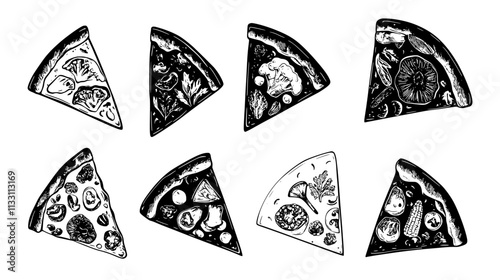 Vegetarian pizza slices arranged in a fanned-out pattern with visible toppings, Culinary Vector Graphic