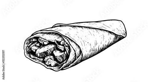 Open wrap filled with grilled meat and vegetables, resting on a flat surface, Culinary Vector Graphic