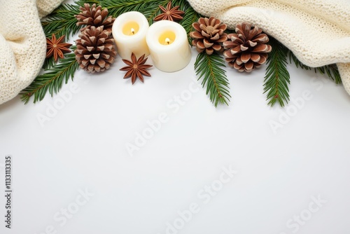 Cozy Winter Decor: Pinecones, Candles, and Evergreen Branches for a Warm and Inviting Holiday Atmosphere photo