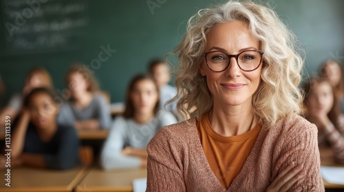 A cheerful teacher with glasses in a classroom, embodying knowledge, warmth, and enthusiasm, with attentive students visible in the background. photo