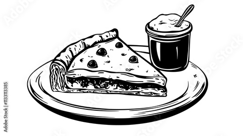Plate with quiche slice, glass of water, and napkin on the side, Culinary Vector Graphic