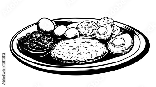 Plate with various egg dishes like scrambled eggs and omelets, Culinary Vector Graphic