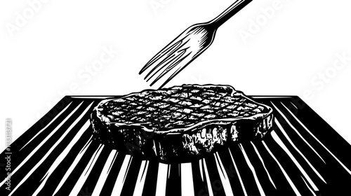 Ribeye steak being flipped on a grill with tongs visible, Culinary Vector Graphic