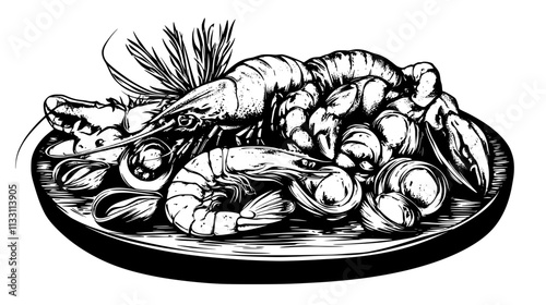 Seafood platter with grilled lobster, shrimp, and clams on a wooden board, Culinary Vector Graphic