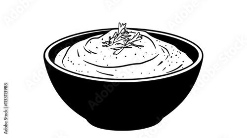 Serving of hummus in a shallow bowl with no visible toppings or decorations, Culinary Vector Graphic