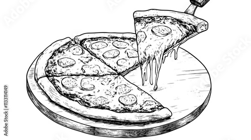 Single slice of Margherita pizza being lifted from the whole pizza on a wooden board, Culinary Vector Graphic